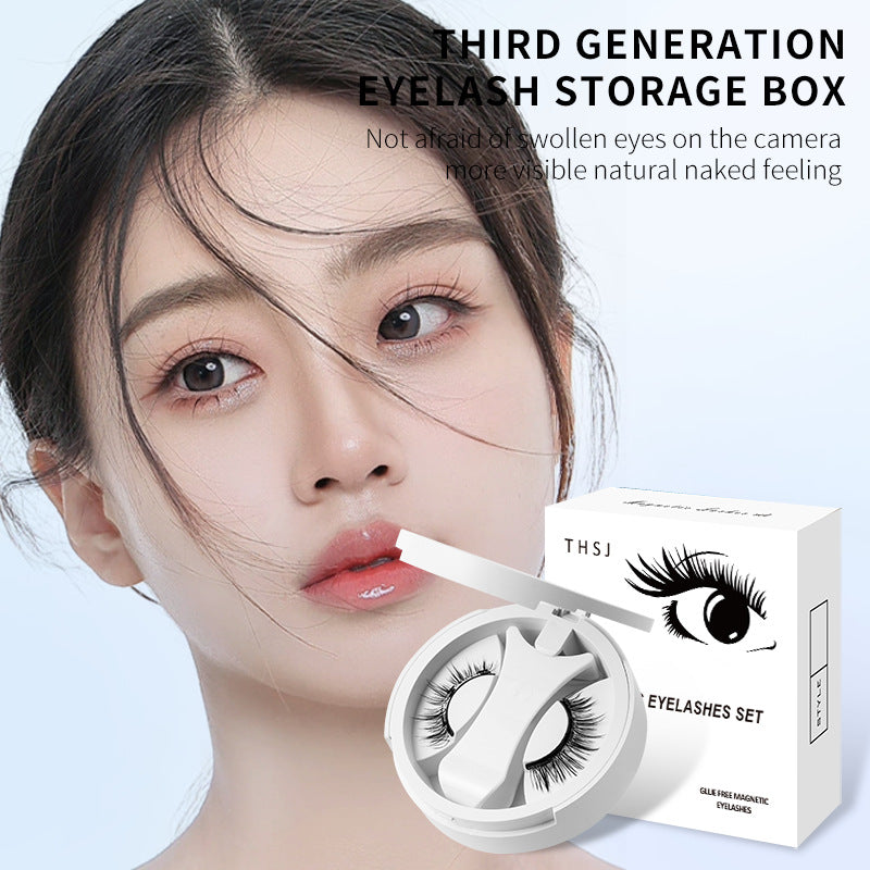 Magnetic false eyelashes with storage box displayed next to a model showcasing a natural makeup look.