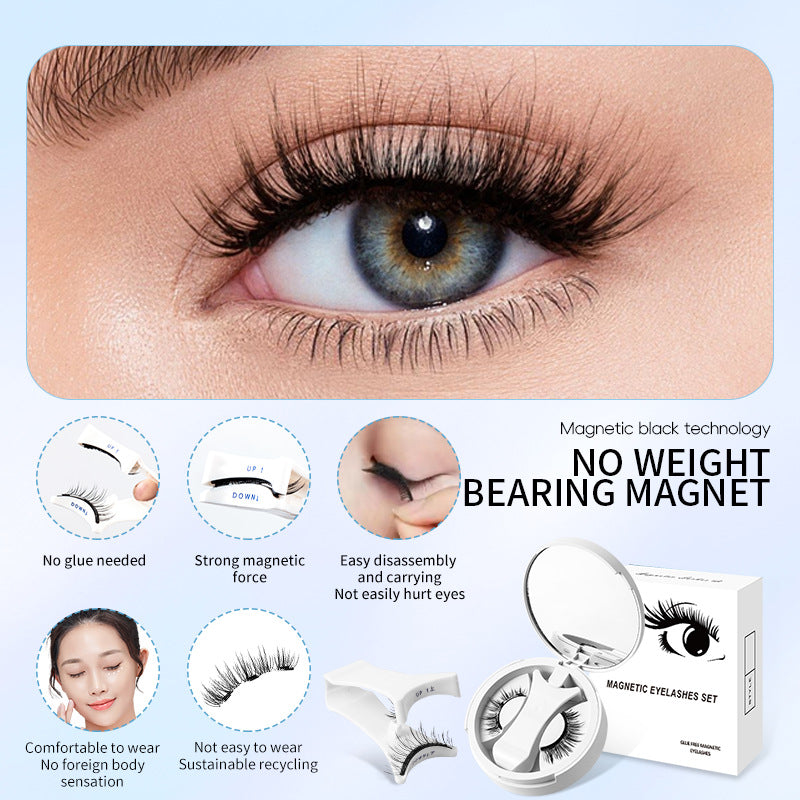 Magnetic false eyelashes with storage box featuring a model demonstrating the seamless and elegant look.